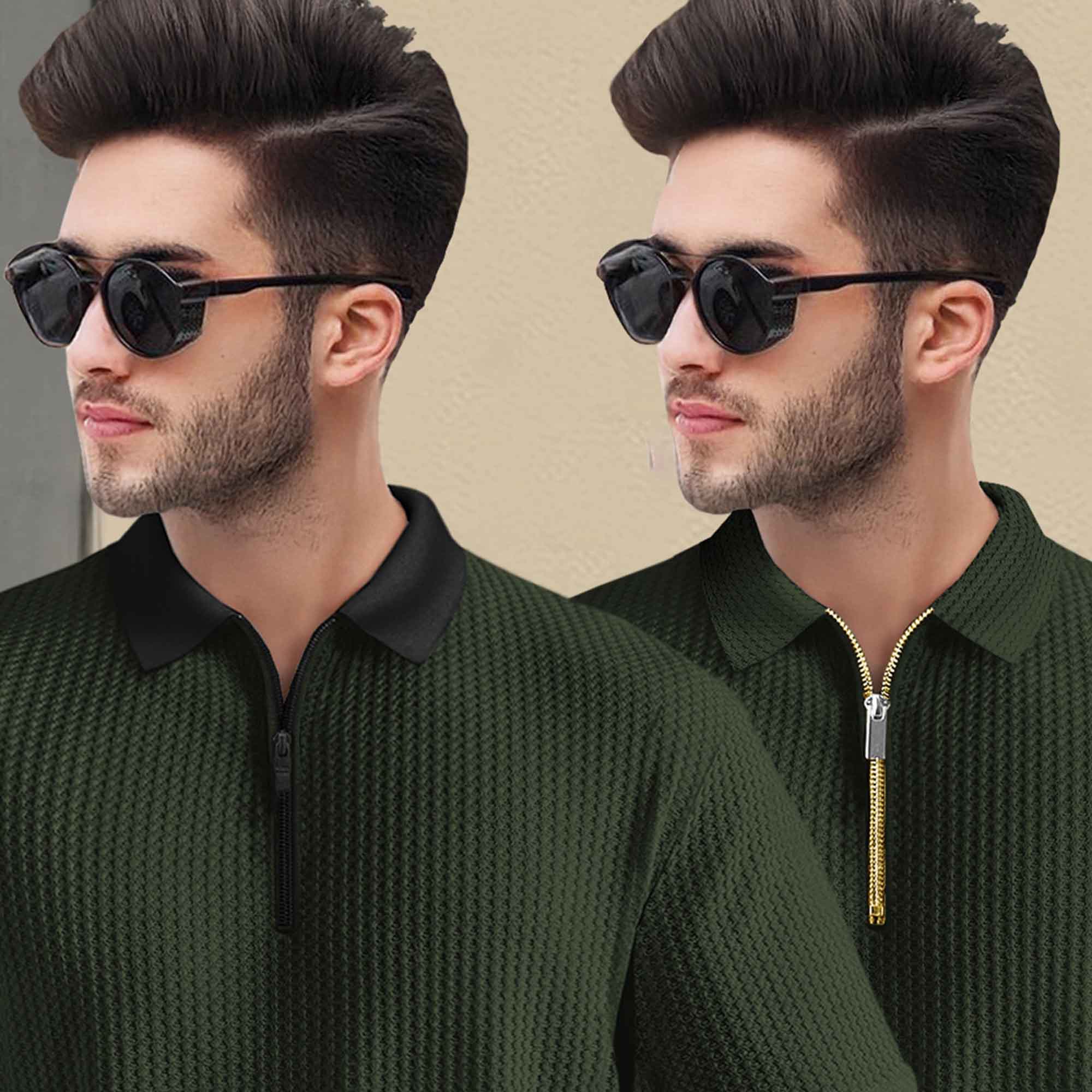 (Pack Of 2) Polo Waffle Olive Green & Maroon Textured T-shirts