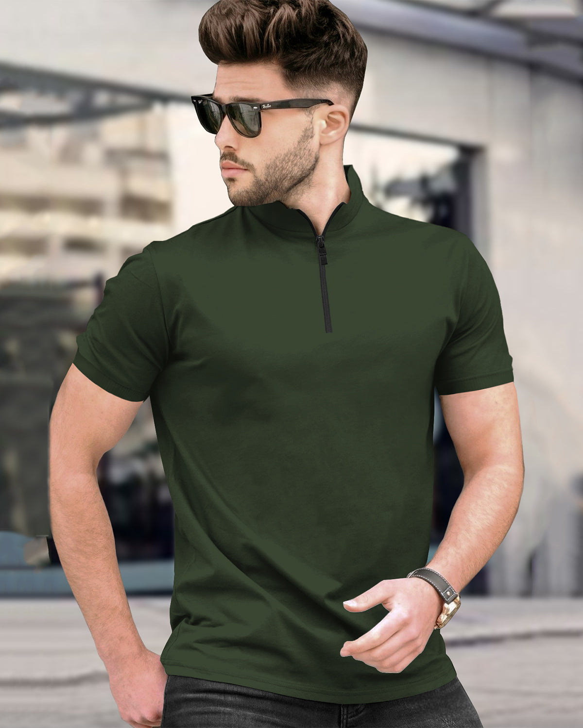 Men High Neck Plain Half Sleeve Olive Green T-shirt