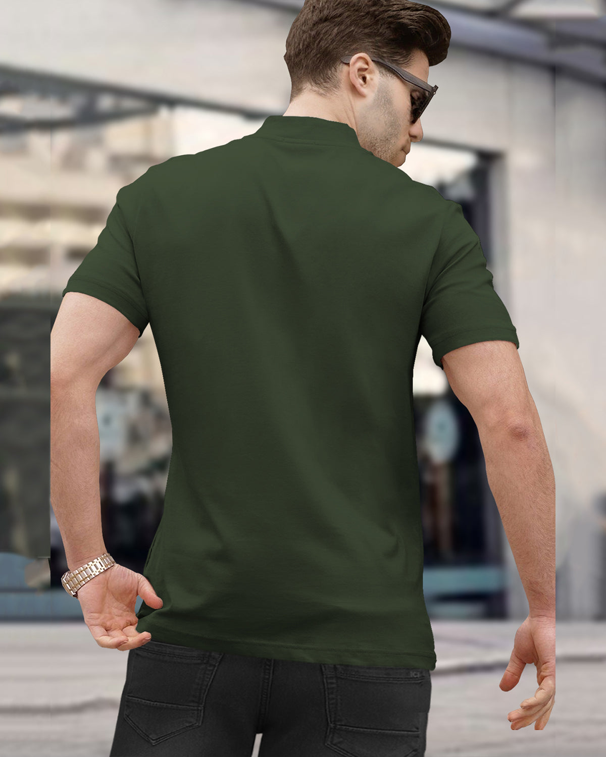 Men High Neck Plain Half Sleeve Olive Green T-shirt