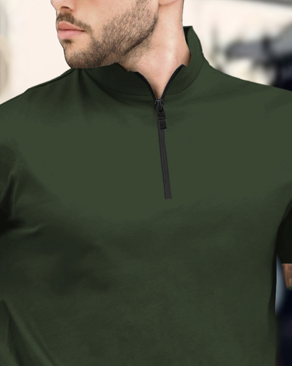 Men High Neck Plain Half Sleeve Olive Green T-shirt