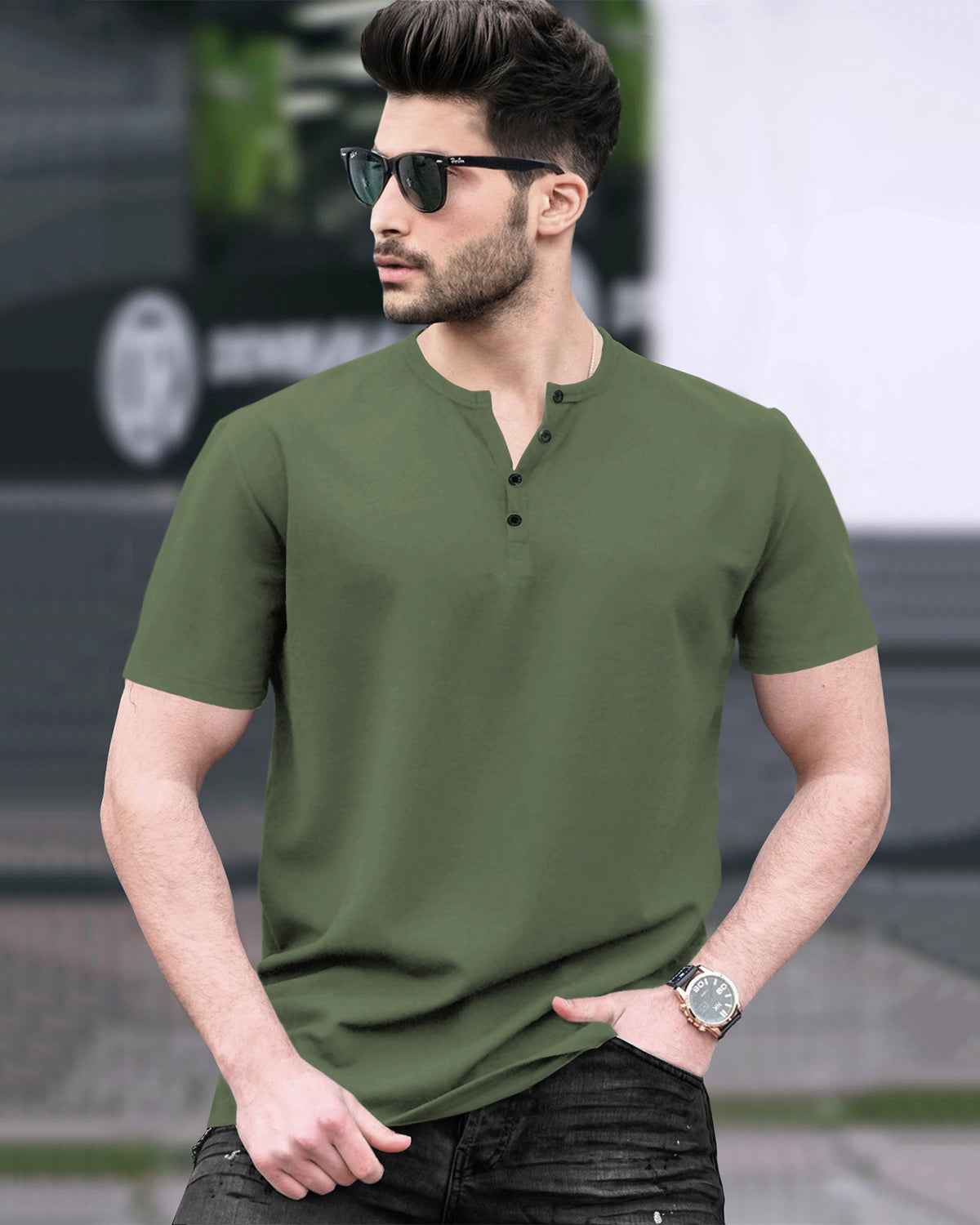 Half Sleeve Henley Neck Plain Olive Green T-shirt