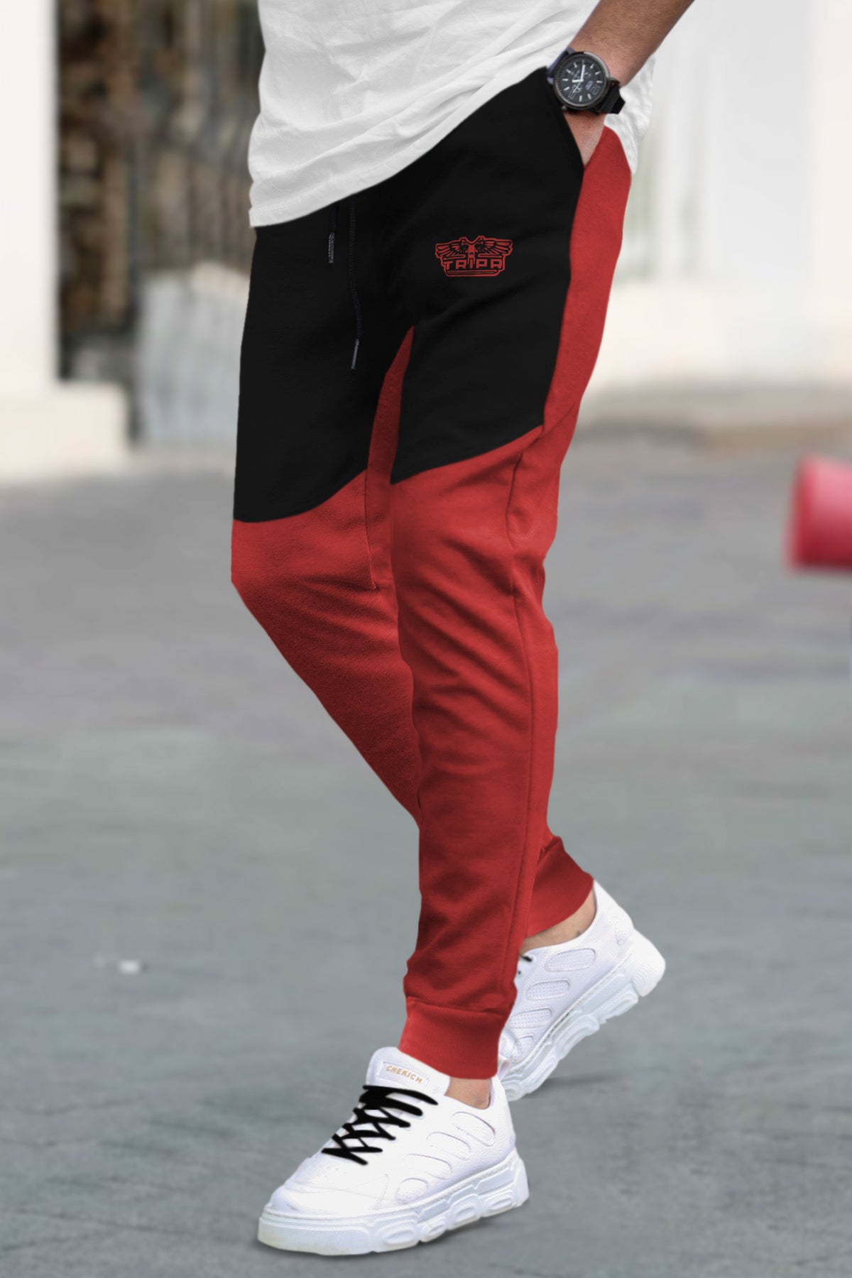 Black joggers fashion red stripe mens