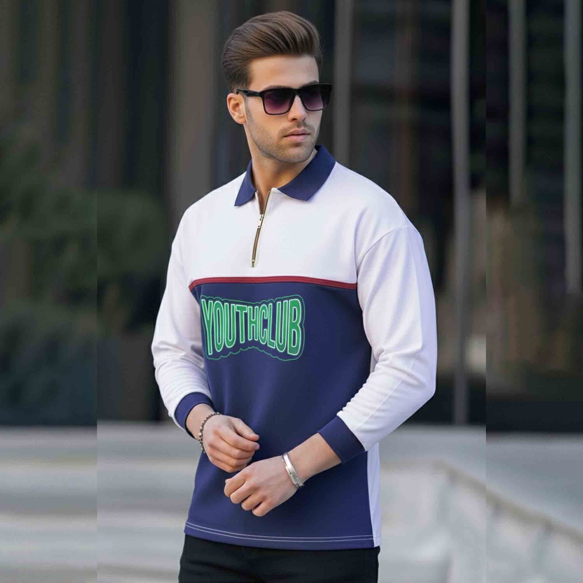 Men Colorblock Polo Neck Full Sleeve T-Shirt White & Navyblue