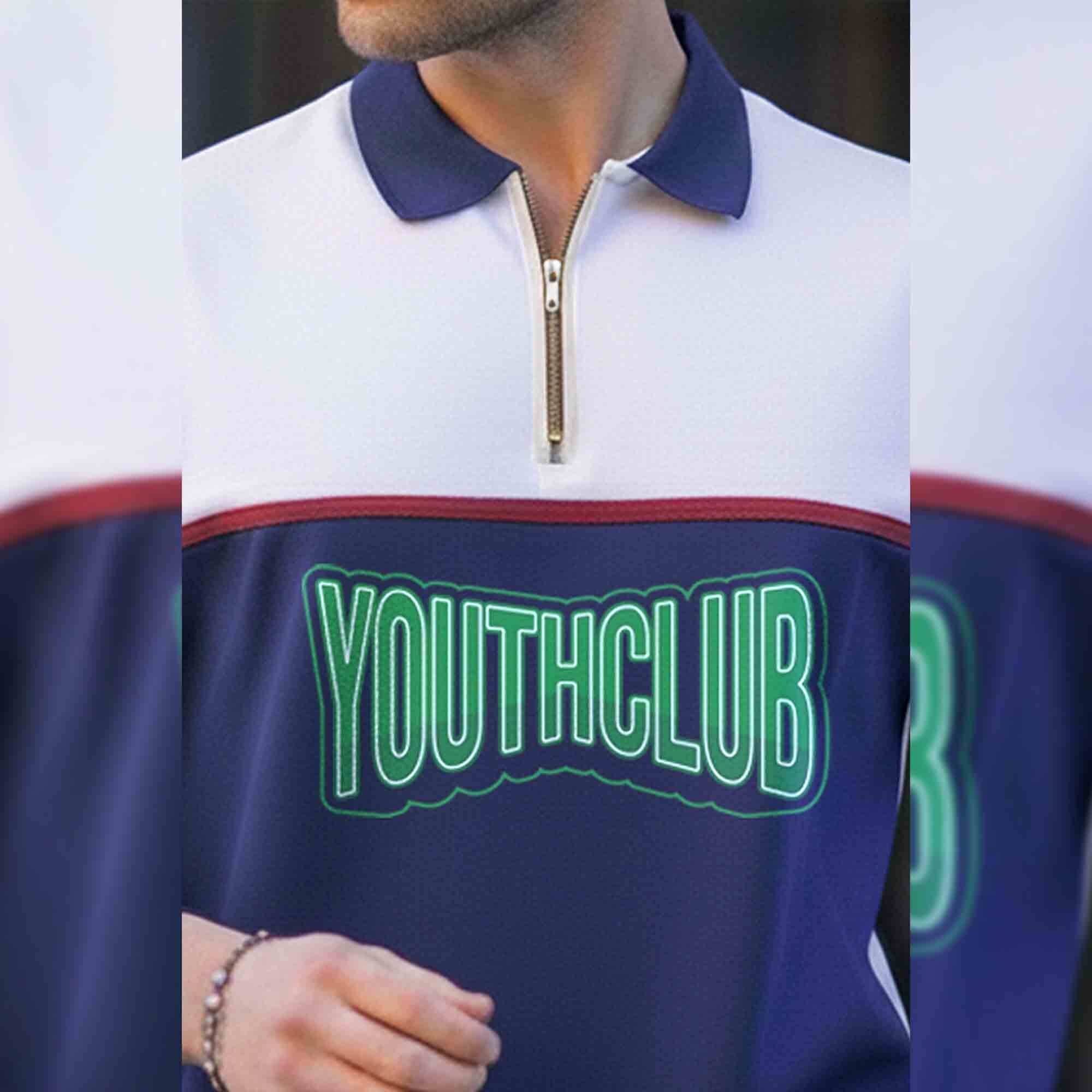 Men Colorblock Polo Neck Full Sleeve T-Shirt White & Navyblue