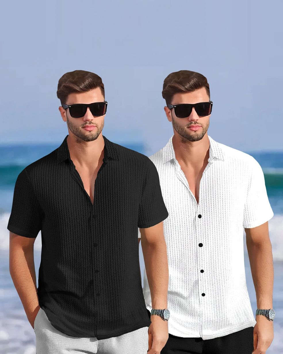 (Pack Of 2) Half Sleeve Plain Black & White Contrast Waffle Shirts