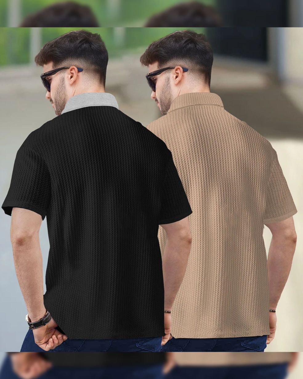 (Pack Of 2) Polo Collar Contrast Black & Beige Waffle Textured T-shirts