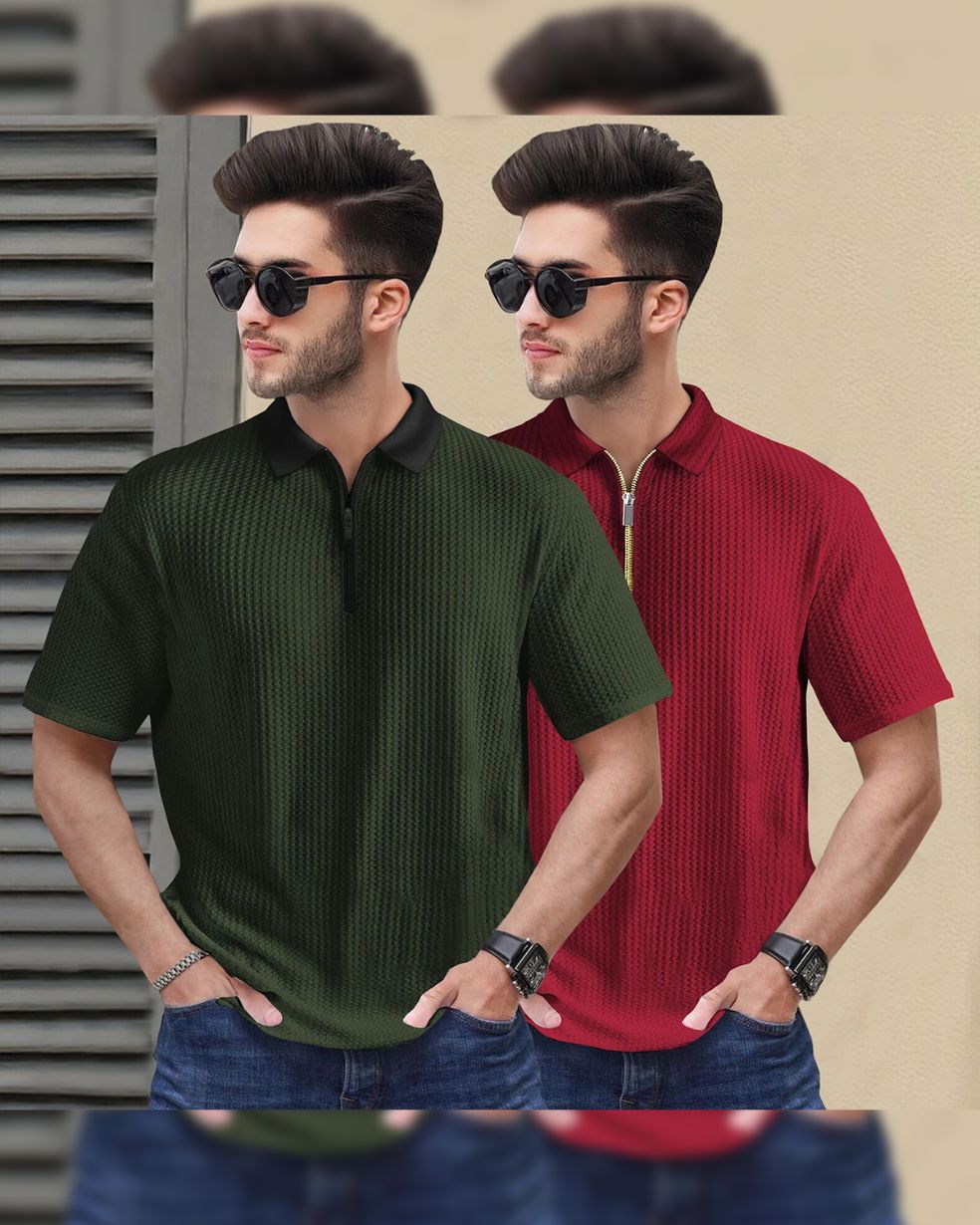 (Pack Of 2) Polo Half Sleeve Waffle Textured T-shirts