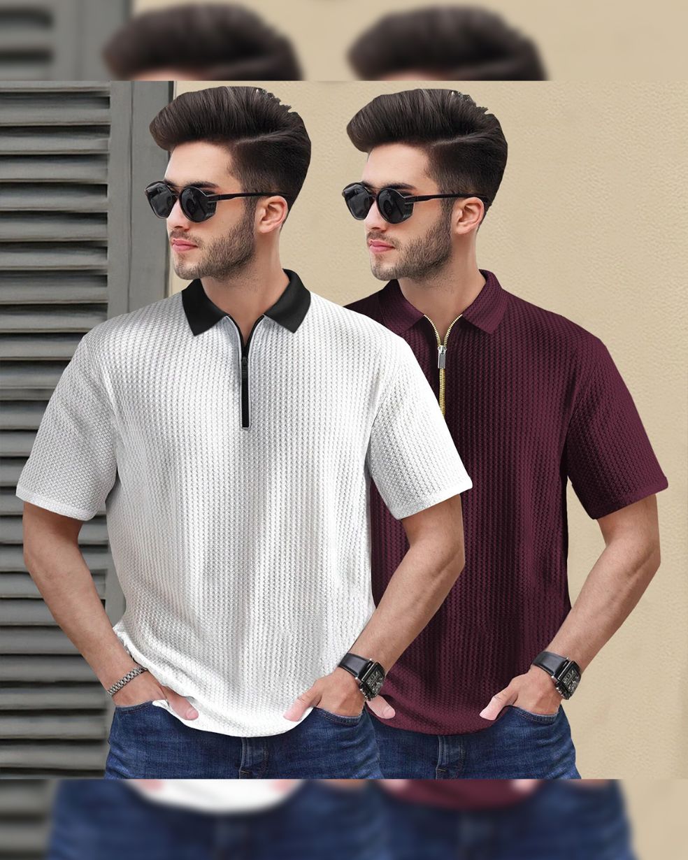 (Pack Of 2) Polo Collar Contrast Waffle White & Maroon Textured T-shirts