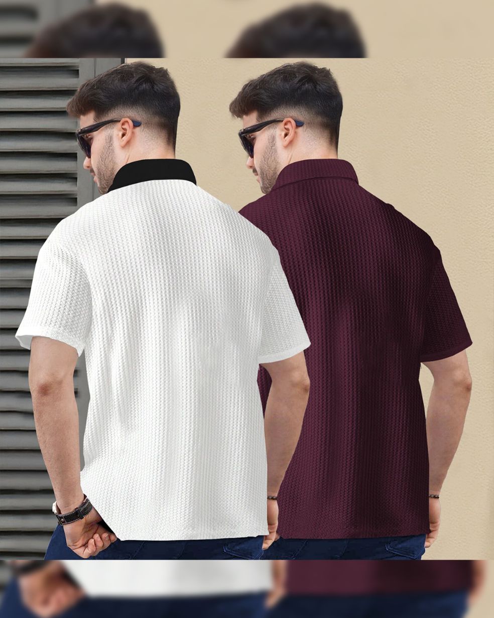 (Pack Of 2) Polo Collar Contrast Waffle White & Maroon Textured T-shirts