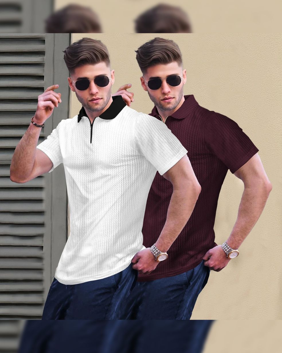 (Pack Of 2) Polo Collar Contrast Waffle White & Maroon Textured T-shirts