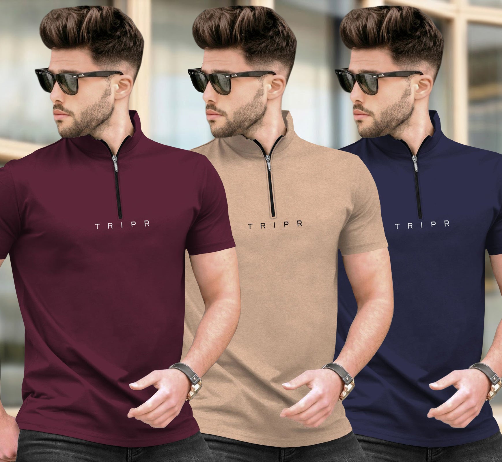 (Pack Of 3) High Neck Half Sleeve Plain T-shirts Multicolor