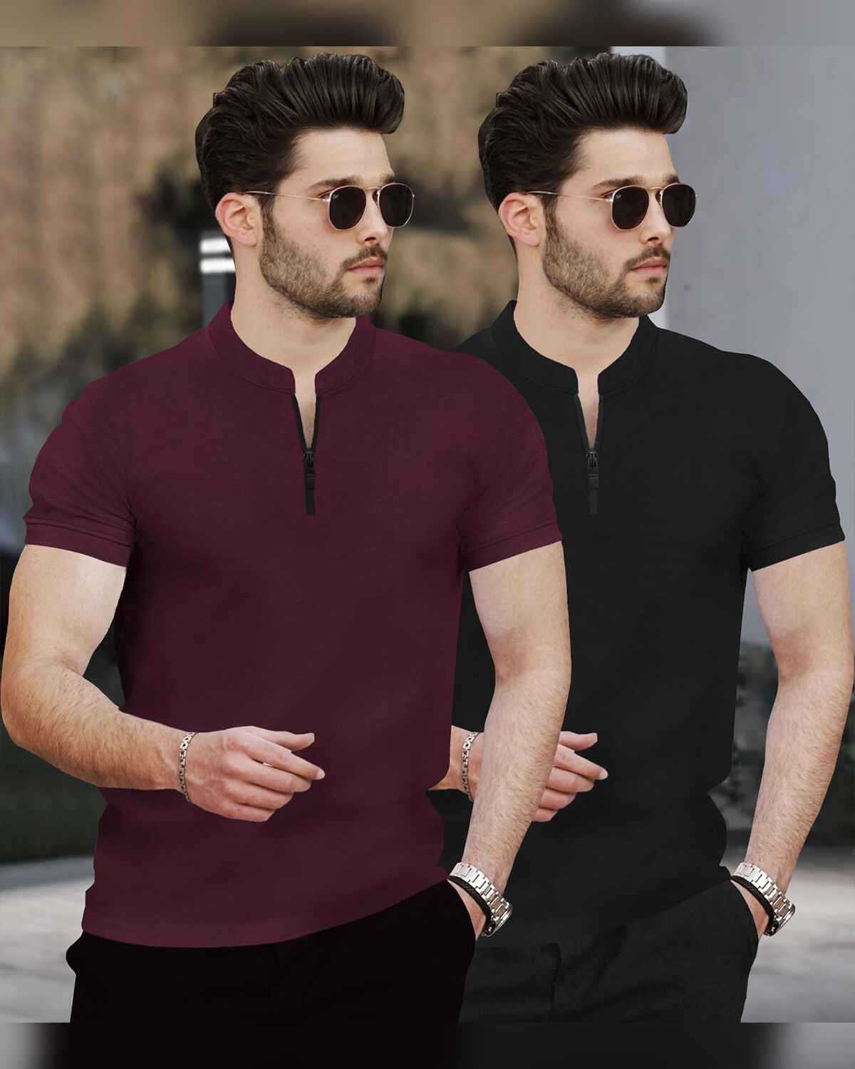 (Pack Of 2) Men Half Sleeve Henley T-shirts / Darkgrey & Maroon