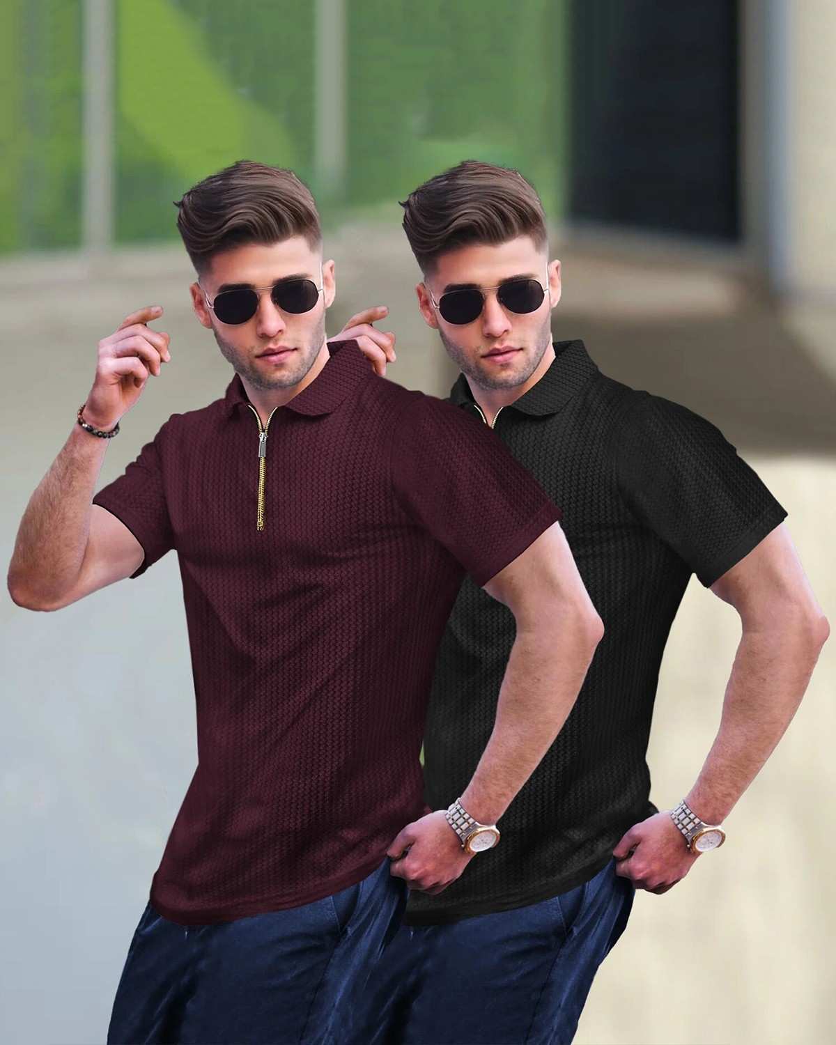 (Pack Of 2) Maroon & Black Men Textured Polo Half Sleeve Waffle T-shirts