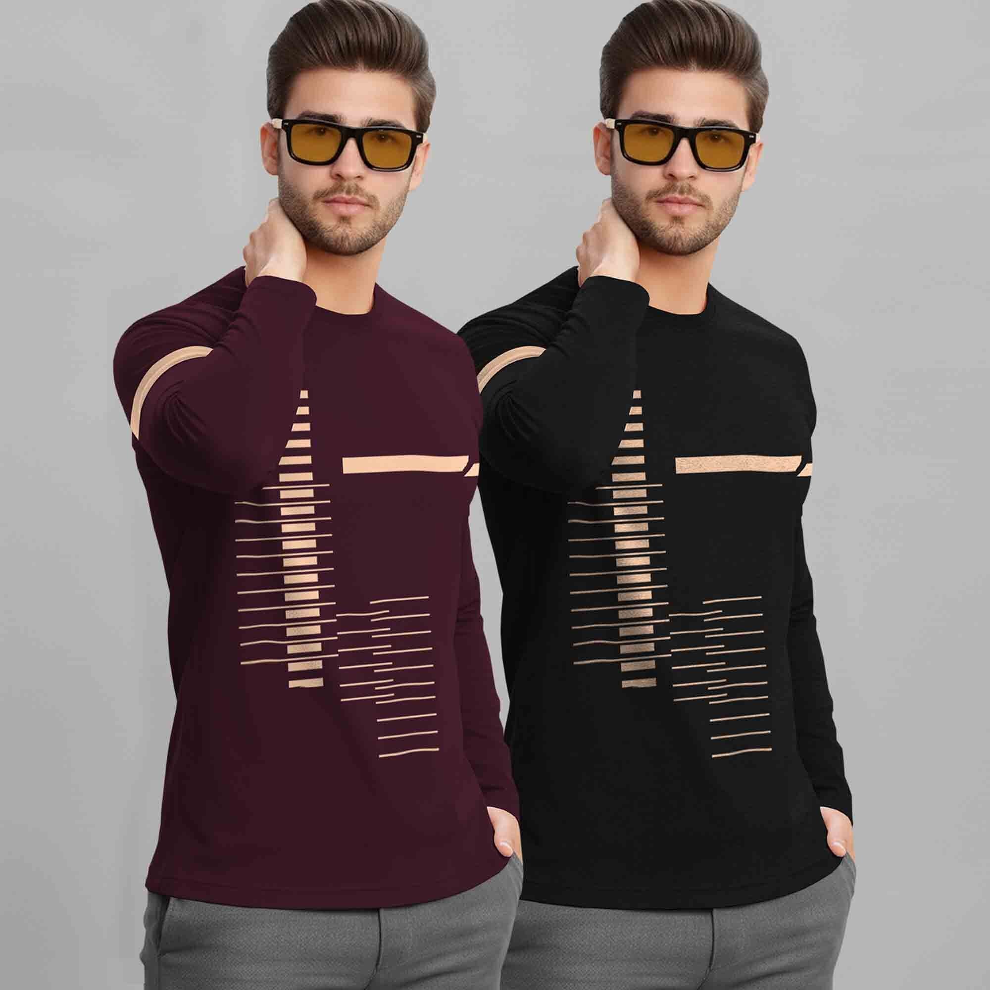 (Pack Of 2) Full Sleeve Round Neck Printed T-shirts Maroon & Black