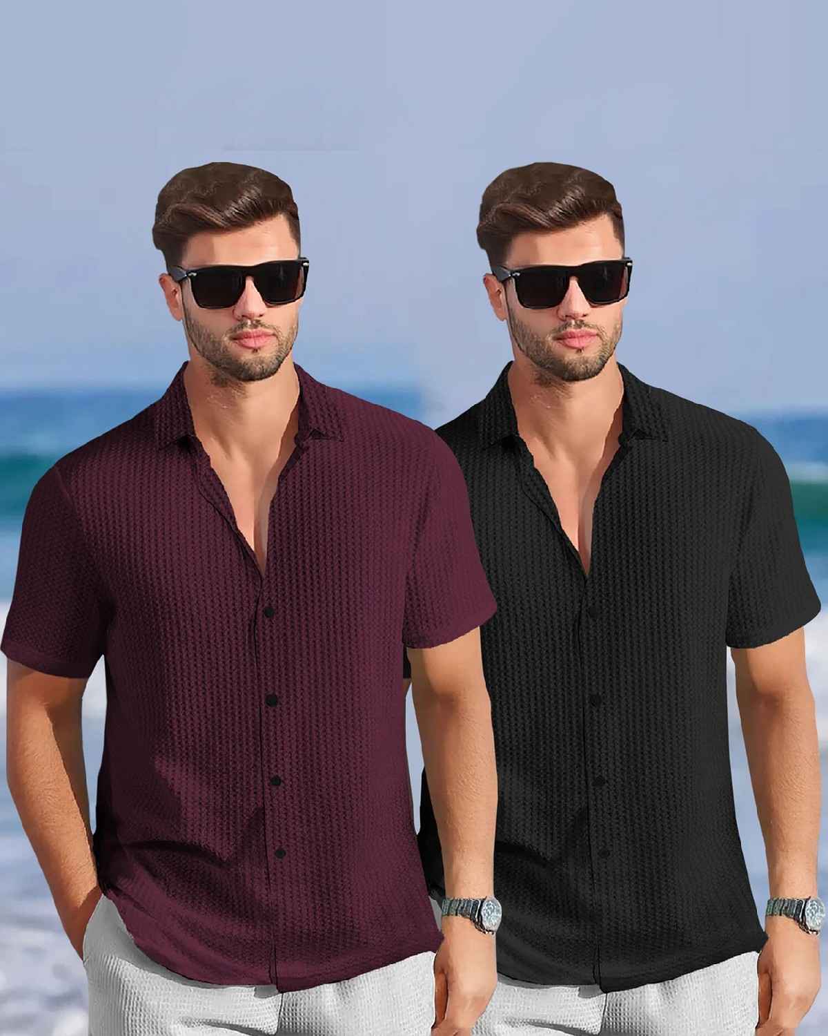 (Pack Of 2) Half Sleeve Plain Maroon & Black Waffle Shirts
