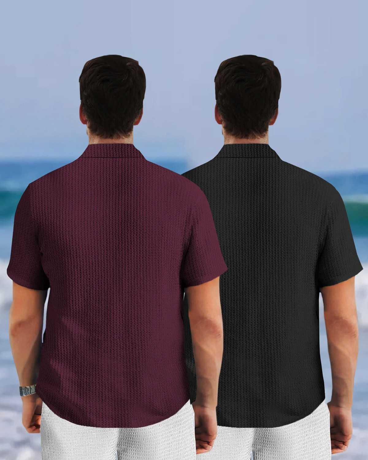 (Pack Of 2) Half Sleeve Plain Maroon & Black Waffle Shirts