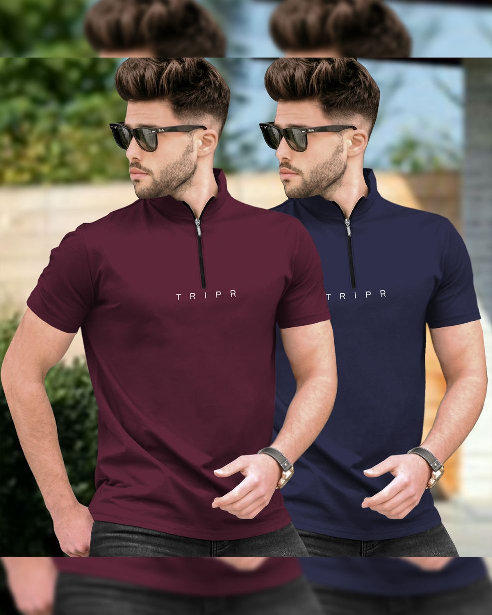 Mens High Neck Half Sleeve Maroon & Navy T-shirts (Pack Of 2)