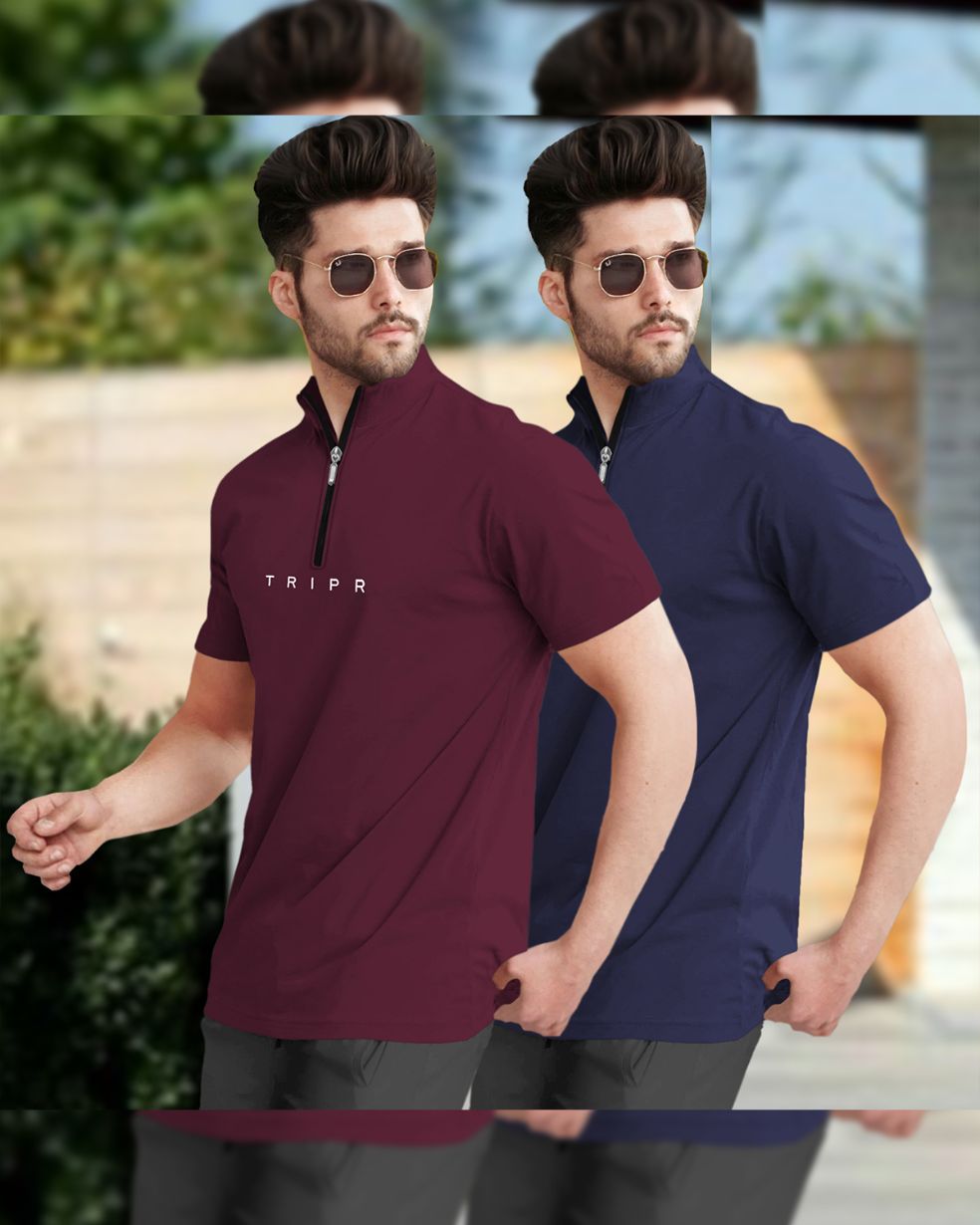 Mens High Neck Half Sleeve Maroon & Navy T-shirts (Pack Of 2)