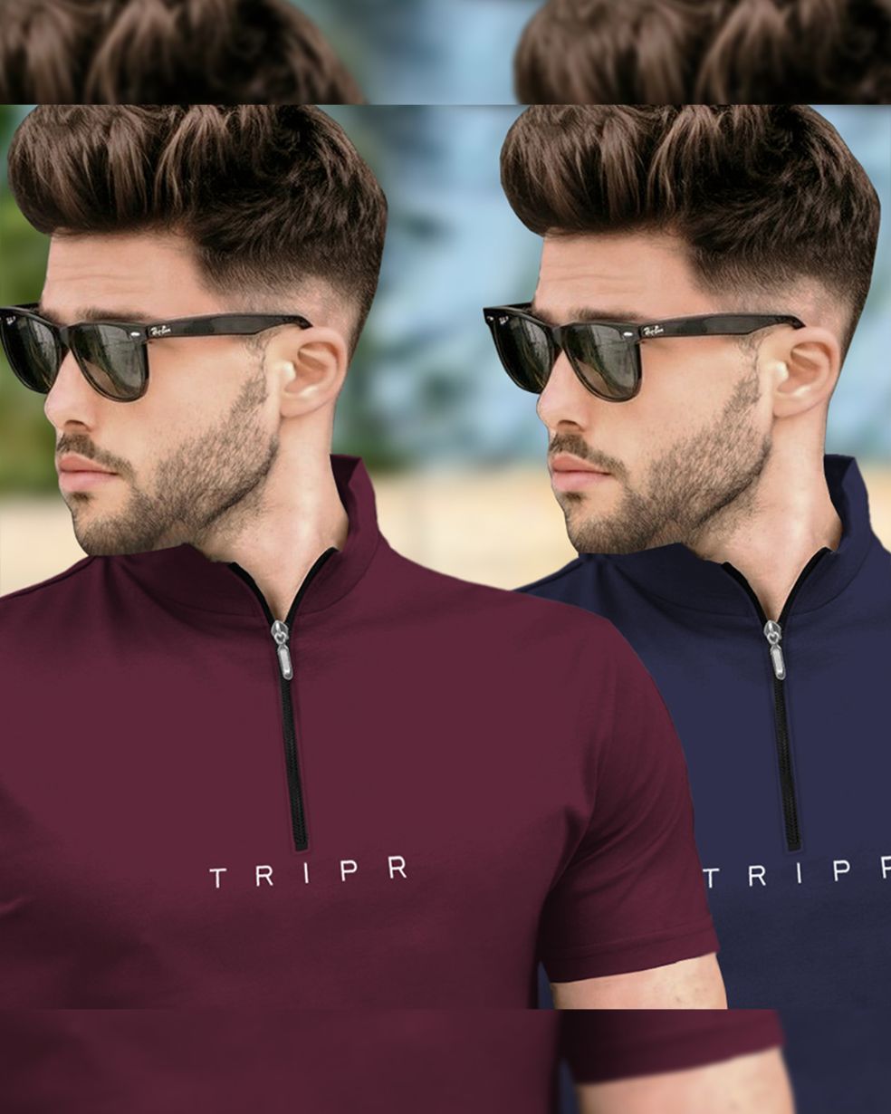 Mens High Neck Half Sleeve Maroon & Navy T-shirts (Pack Of 2)