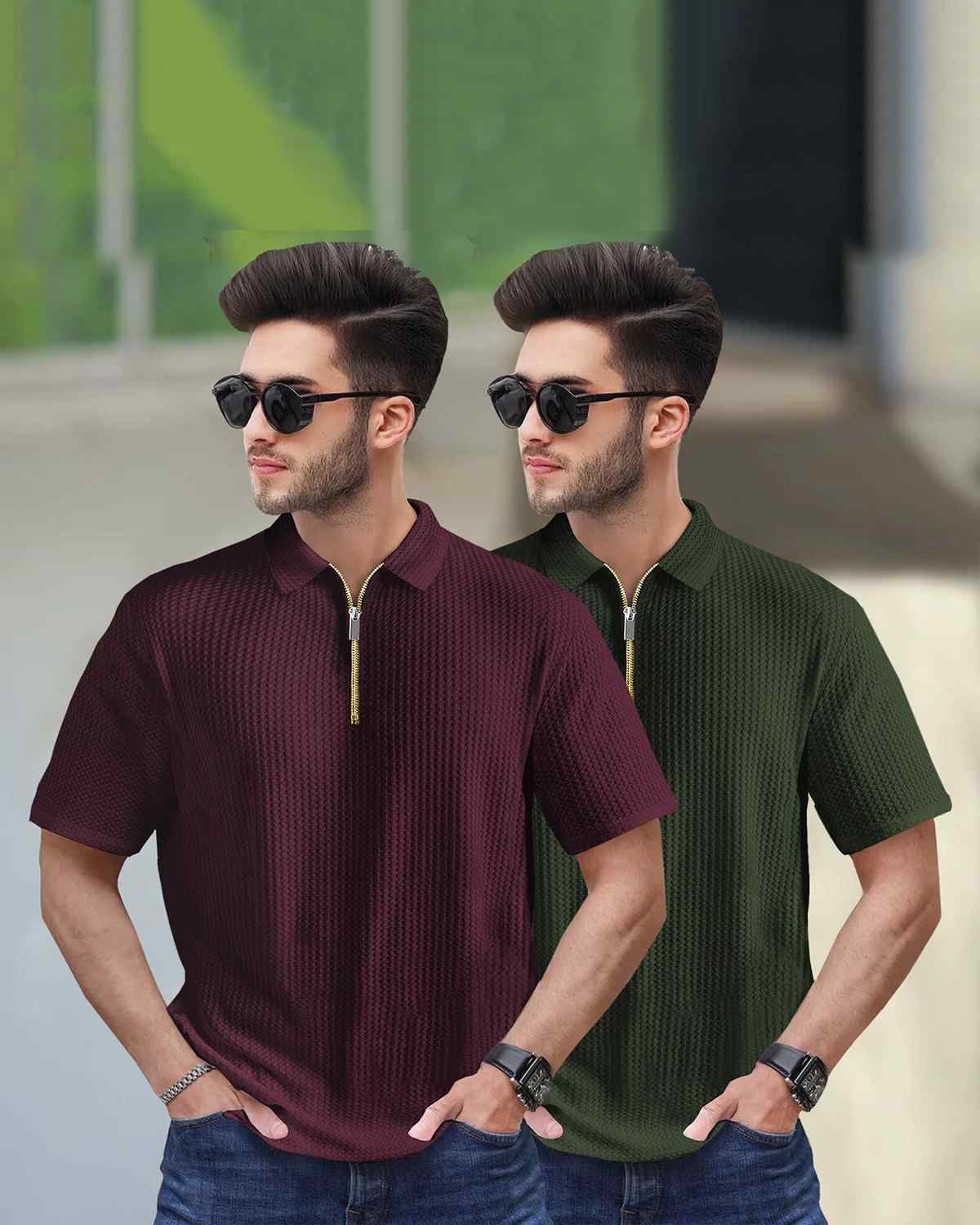 (Pack Of 2) Men Maroon & Olive Textured Polo Half Sleeve Waffle T-shirts