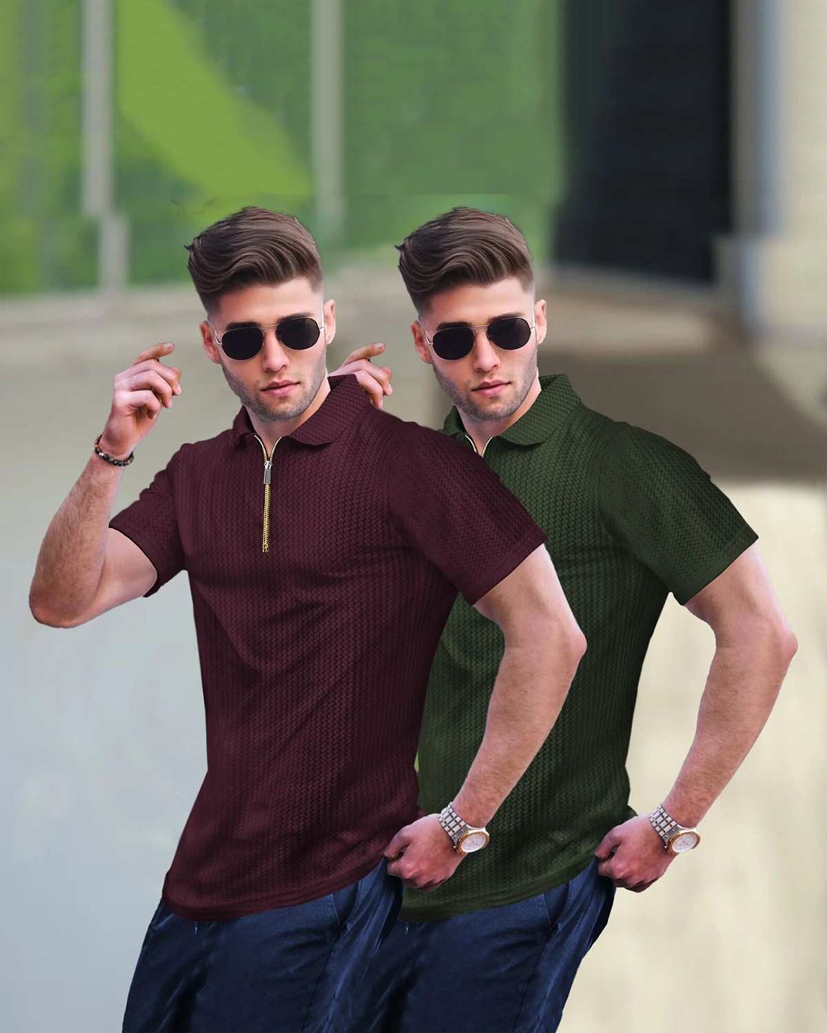 (Pack Of 2) Men Maroon & Olive Textured Polo Half Sleeve Waffle T-shirts