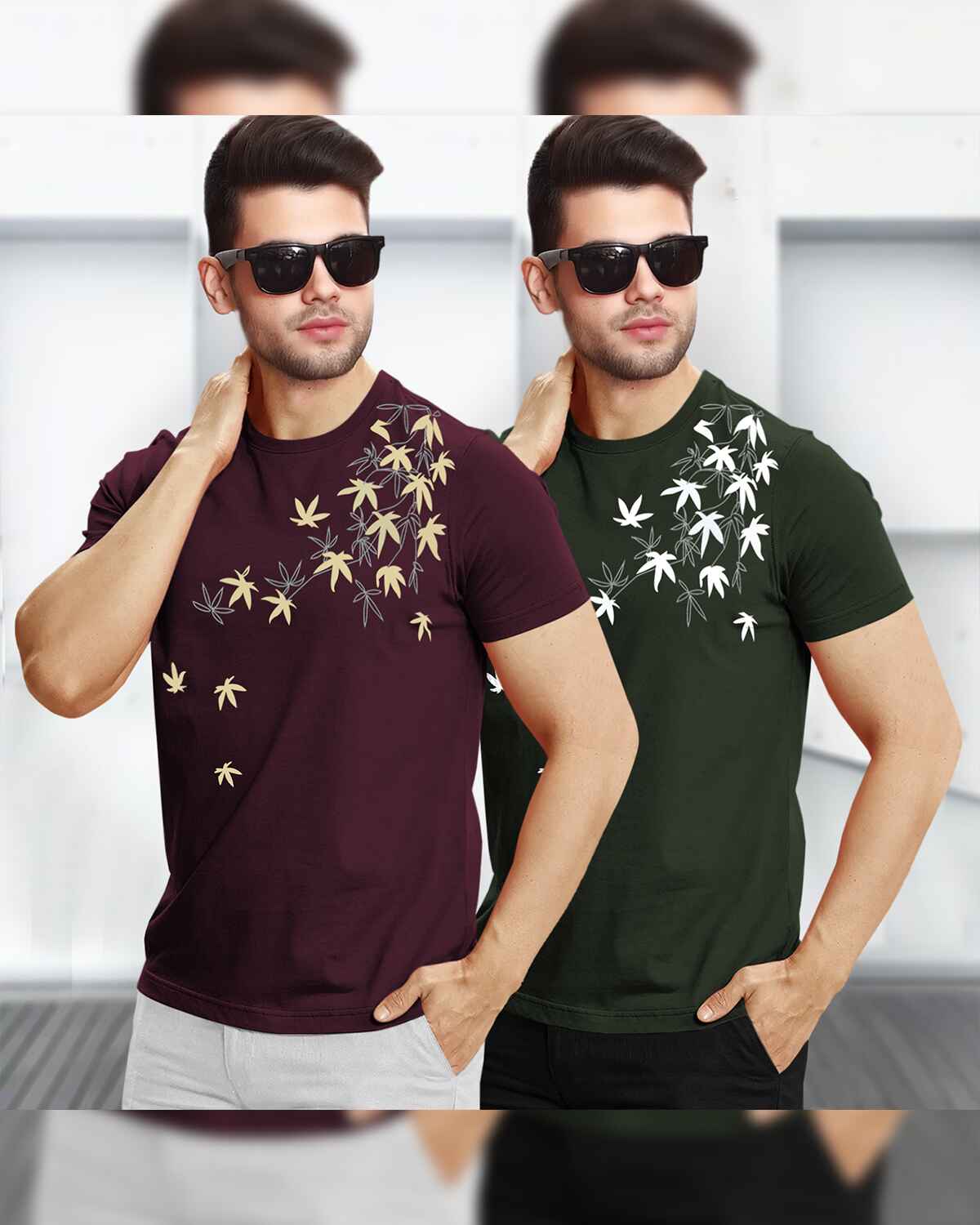 (Pack Of 2) Half Sleeve Maroon & Olive Floral Printed T-shirts