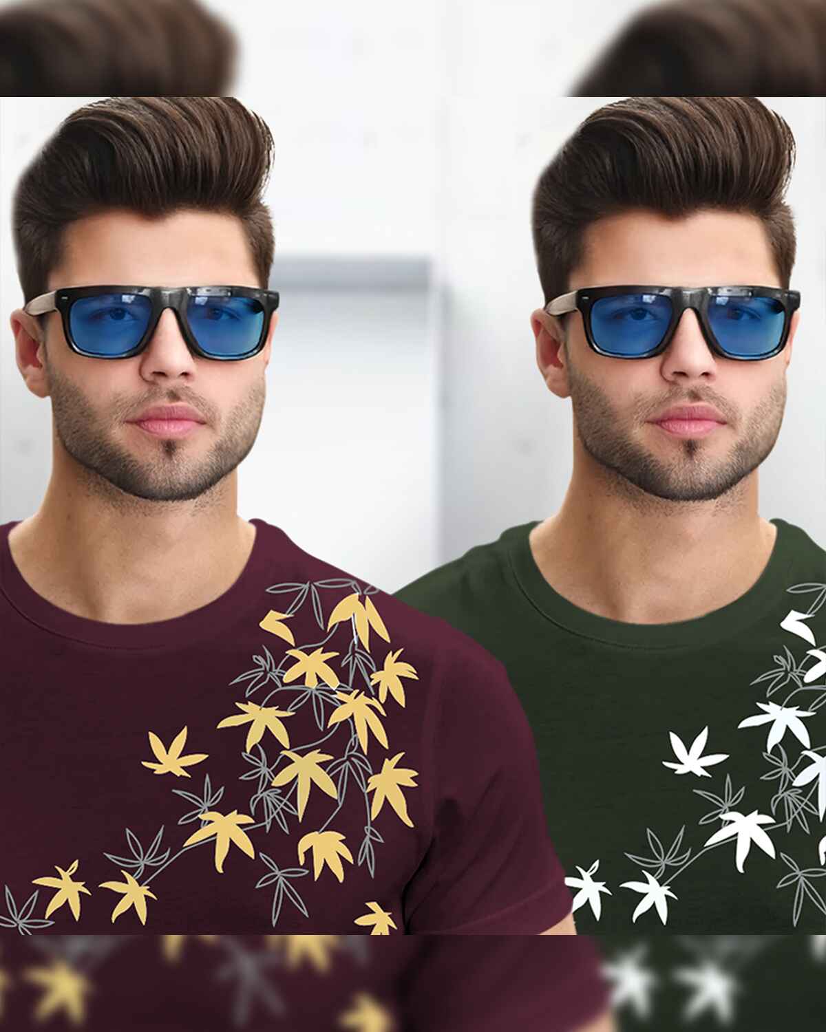 (Pack Of 2) Half Sleeve Maroon & Olive Floral Printed T-shirts