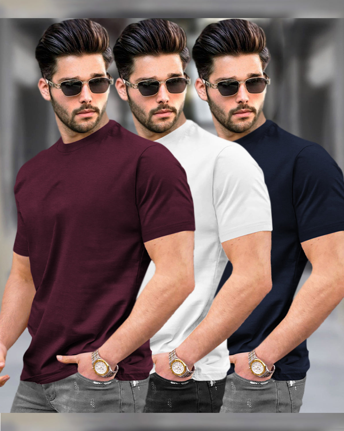 Mens Half Sleeve Plain Round Neck T-shirts (Pack Of 3) / Maroon-White-Navy