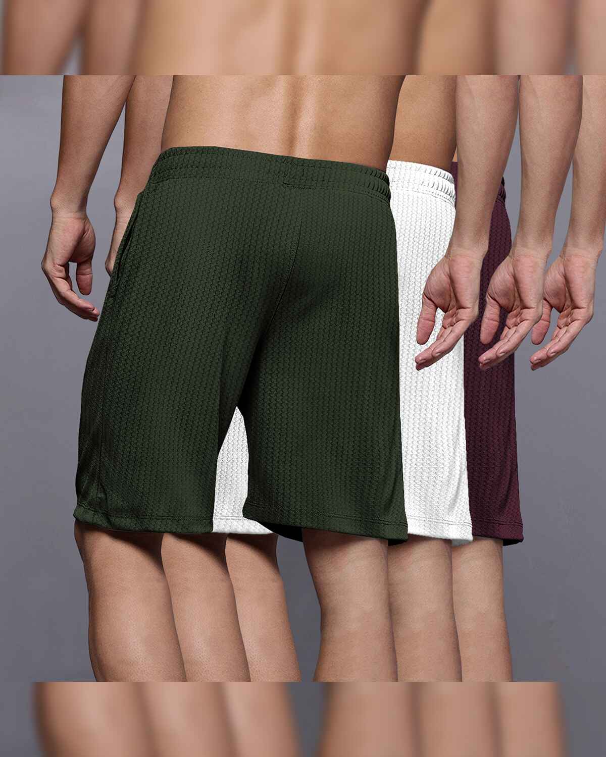 (Pack Of 3) Men Plain Maroon-White-Olivegreen Waffle Shorts