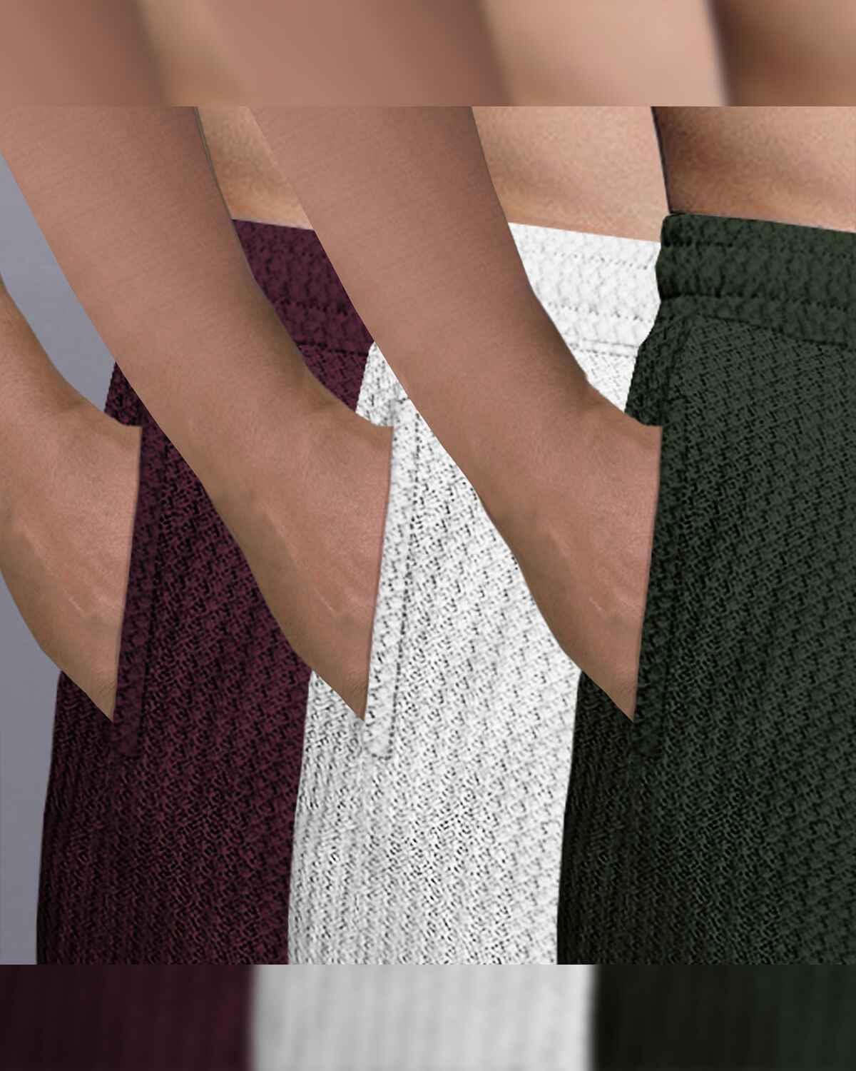(Pack Of 3) Men Plain Maroon-White-Olivegreen Waffle Shorts