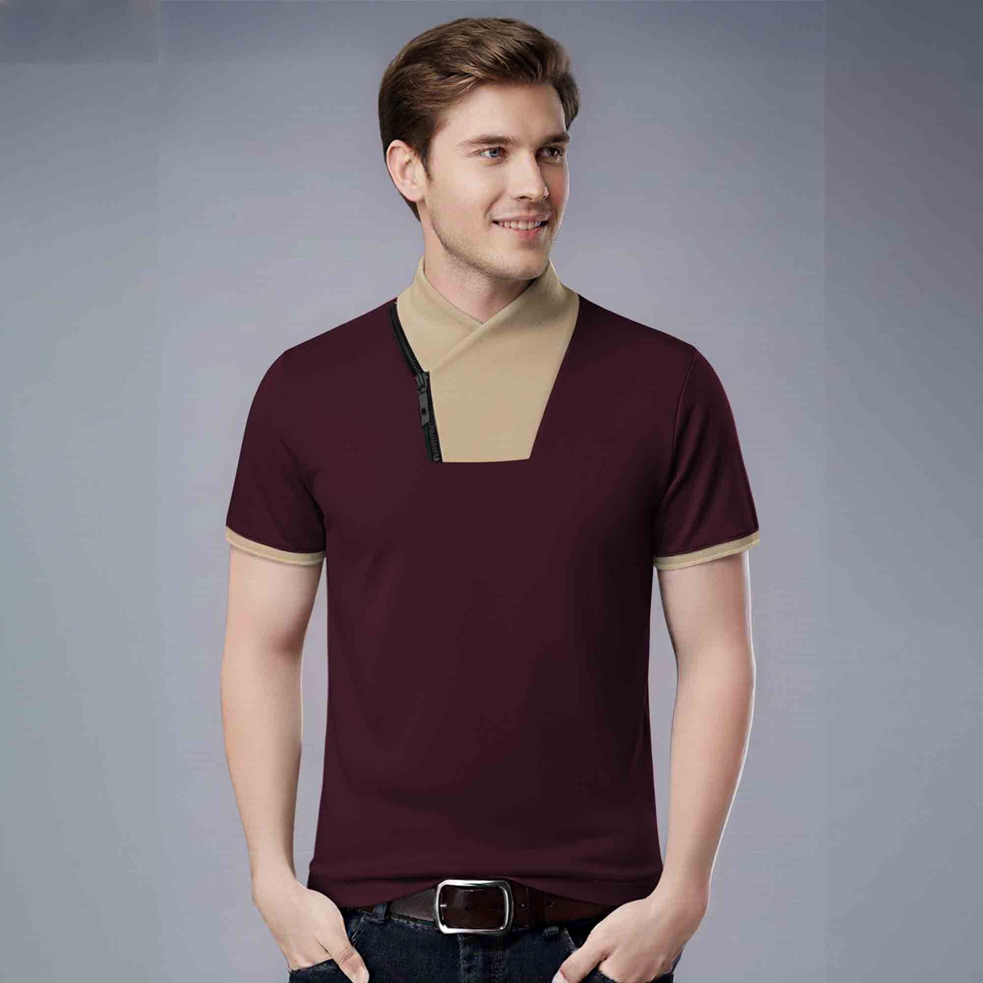 Mens Half Sleeve T-Shirt with Contrast Neck Maroon