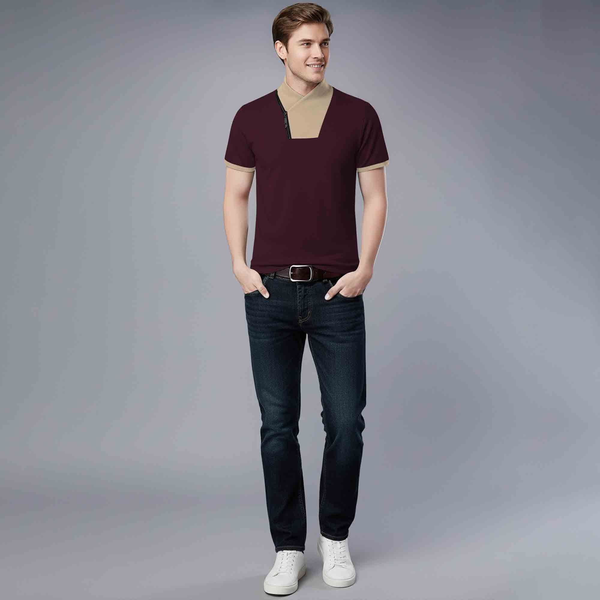 Mens Half Sleeve T-Shirt with Contrast Neck Maroon