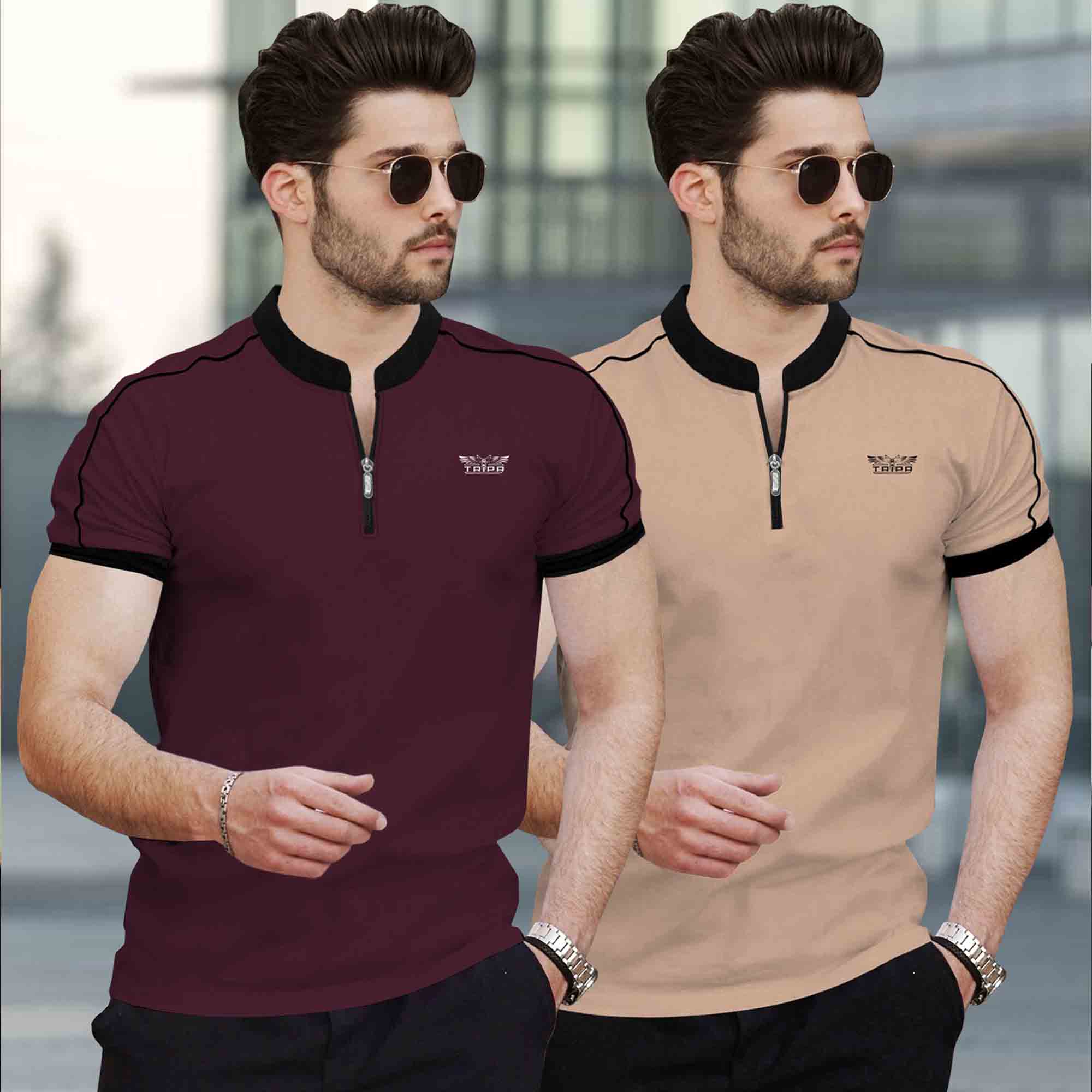 Mandarin Neck Half Sleeve Multicolor (Pack Of 2) T-shirts-12 Variants