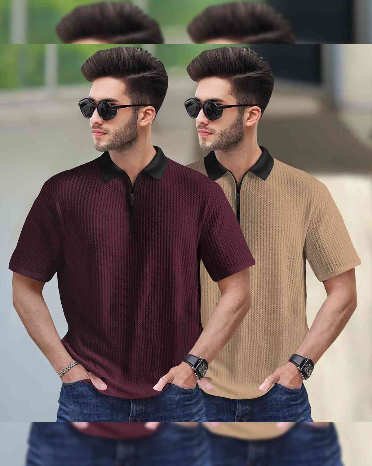 (Pack Of 2) Men Maroon & Beige Textured Polo Contrast Half Sleeve Waffle T-shirts