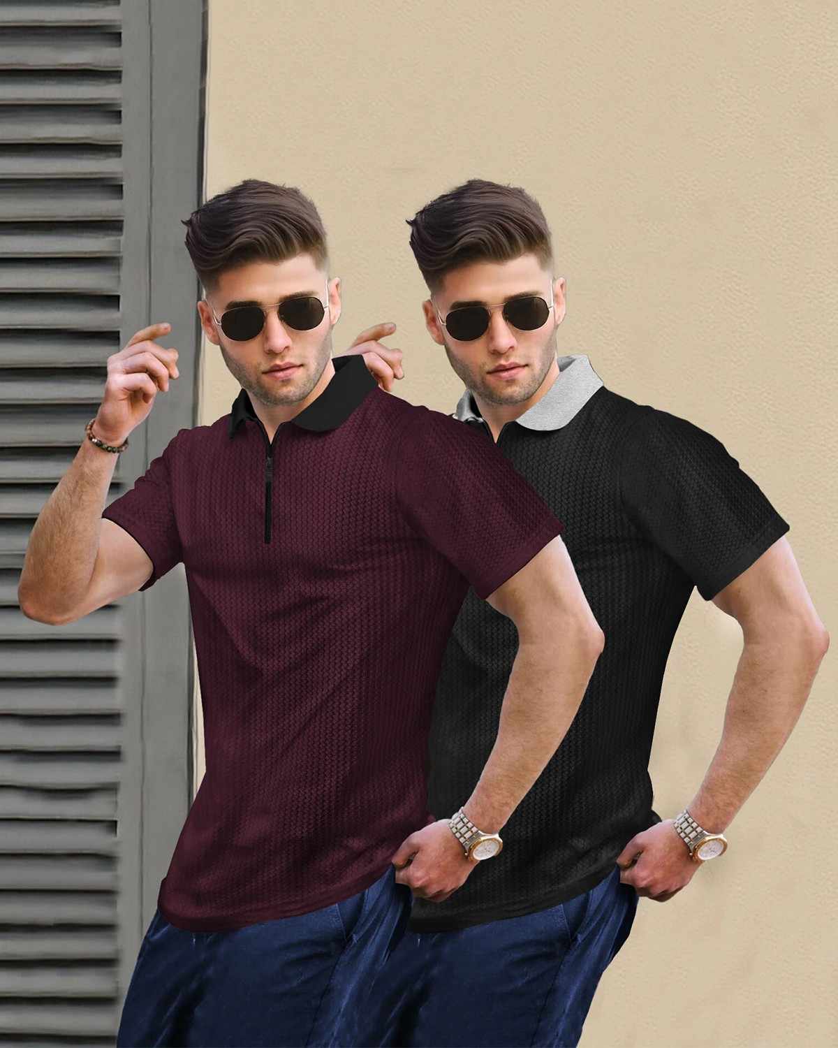 (Pack Of 2) Men Maroon & Black Textured Polo Contrast Half Sleeve Waffle T-shirts