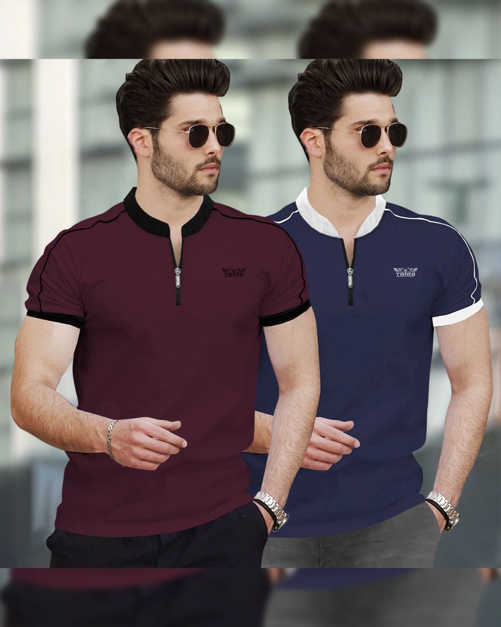 Mens Henely Neck Half Sleeve Maroon & Navy T-shirts (Pack Of 2)