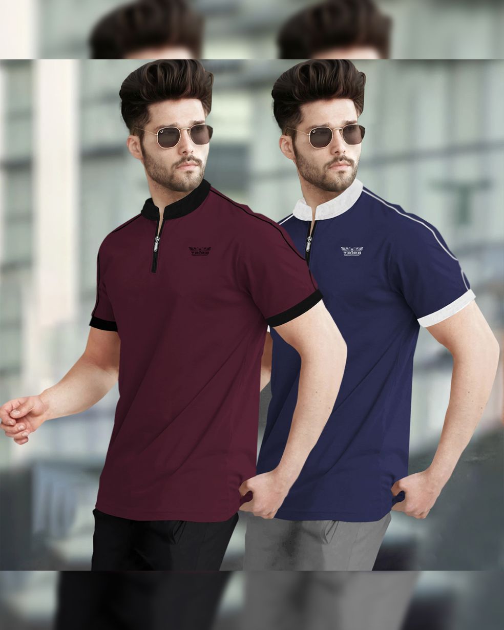 Mens Henely Neck Half Sleeve Maroon & Navy T-shirts (Pack Of 2)