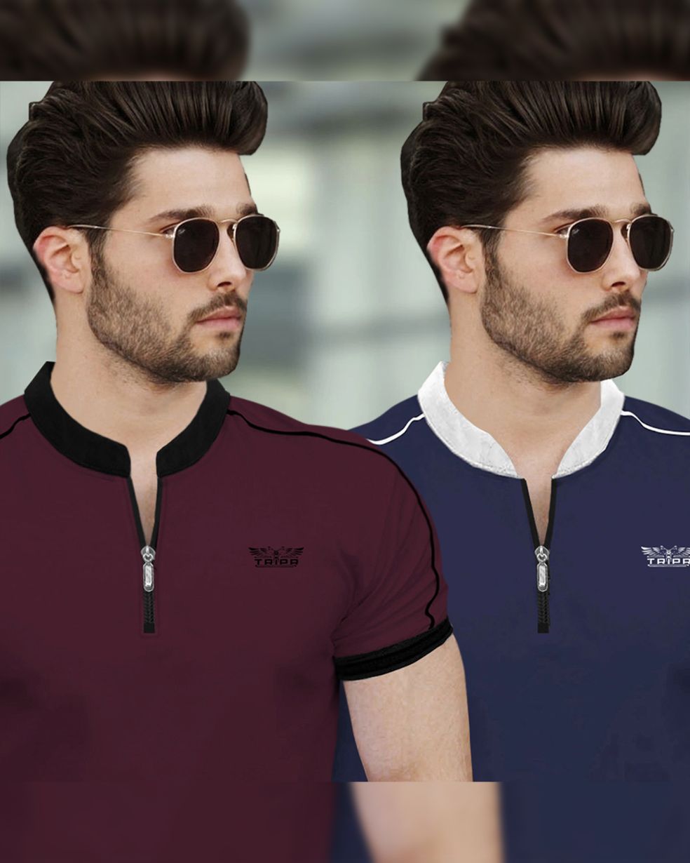 Mens Henely Neck Half Sleeve Maroon & Navy T-shirts (Pack Of 2)