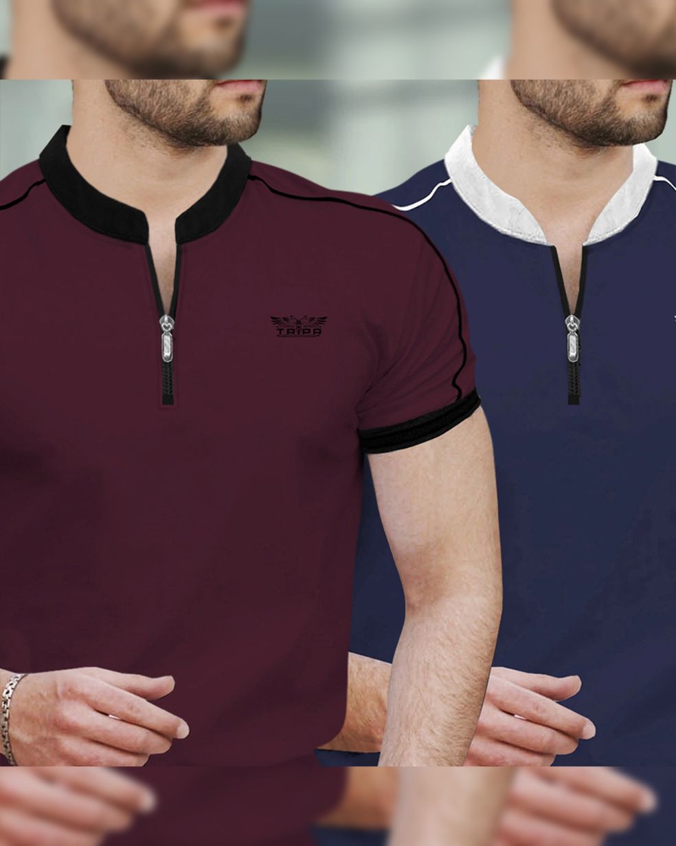 Mens Henely Neck Half Sleeve Maroon & Navy T-shirts (Pack Of 2)