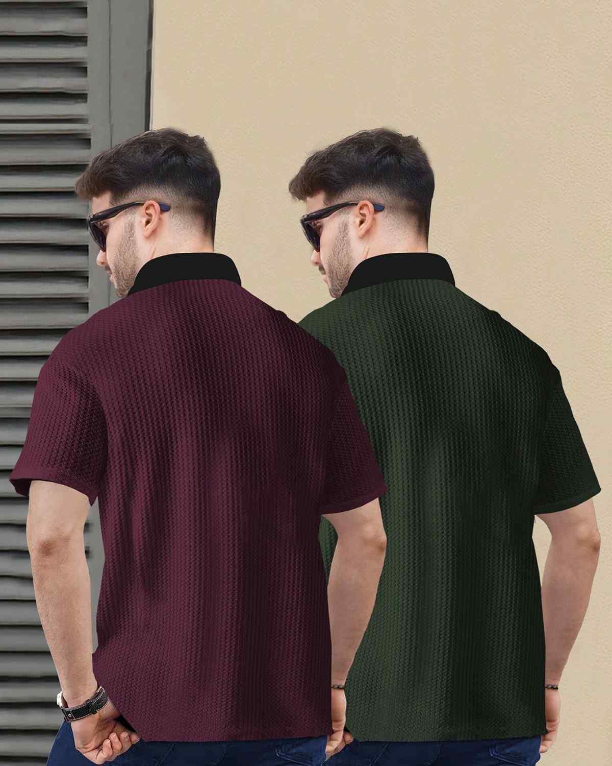 (Pack Of 2) Men Olive & Green Textured Polo Contrast Half Sleeve Waffle T-shirts