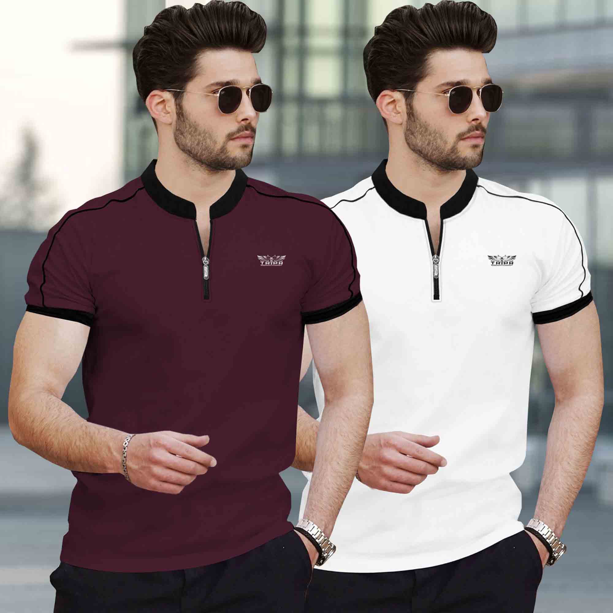 Mandarin Neck Half Sleeve Multicolor (Pack Of 2) T-shirts-12 Variants