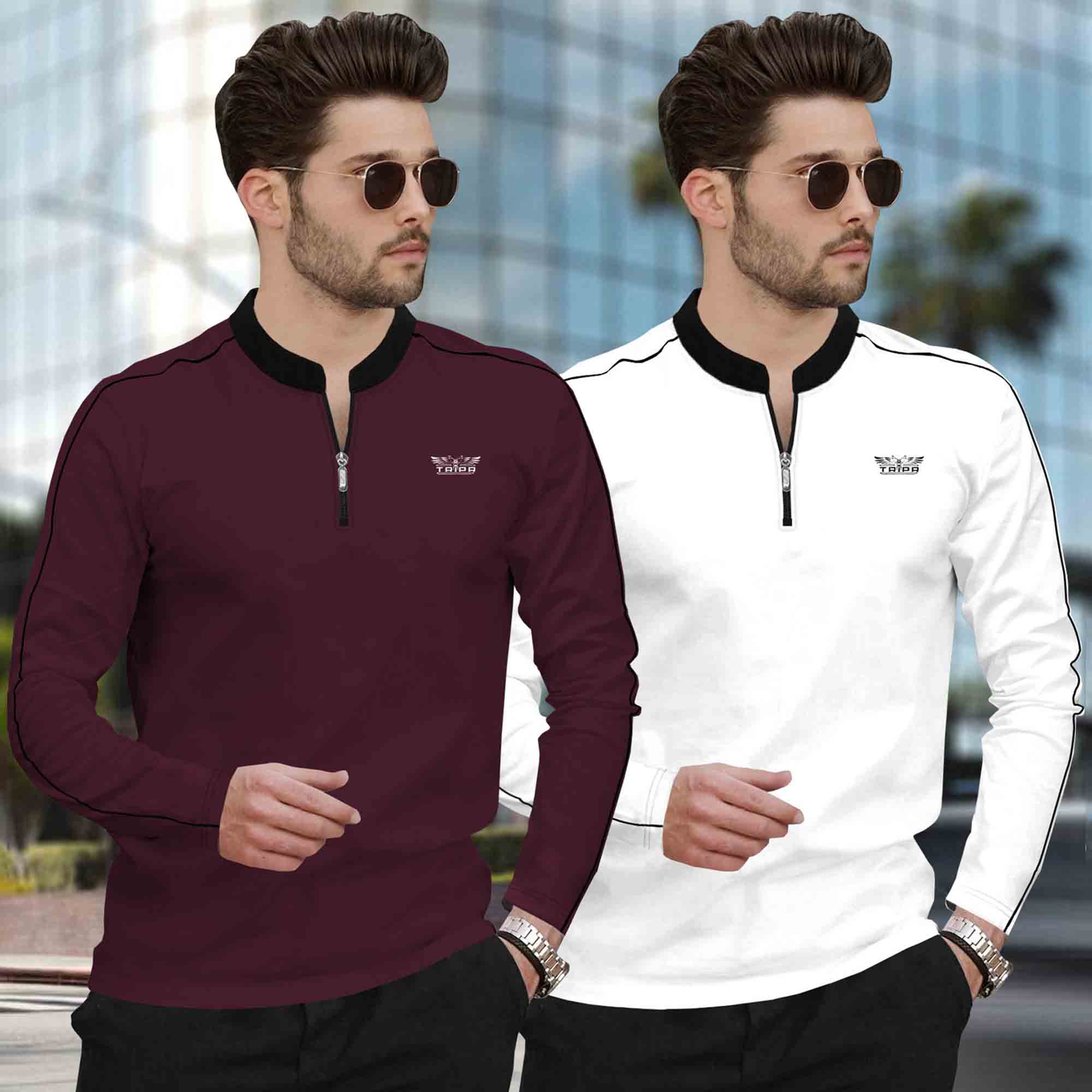 (Pack Of 2) Mandarin Neck Full Sleeve Multicolor Tshirts- 10 Variants