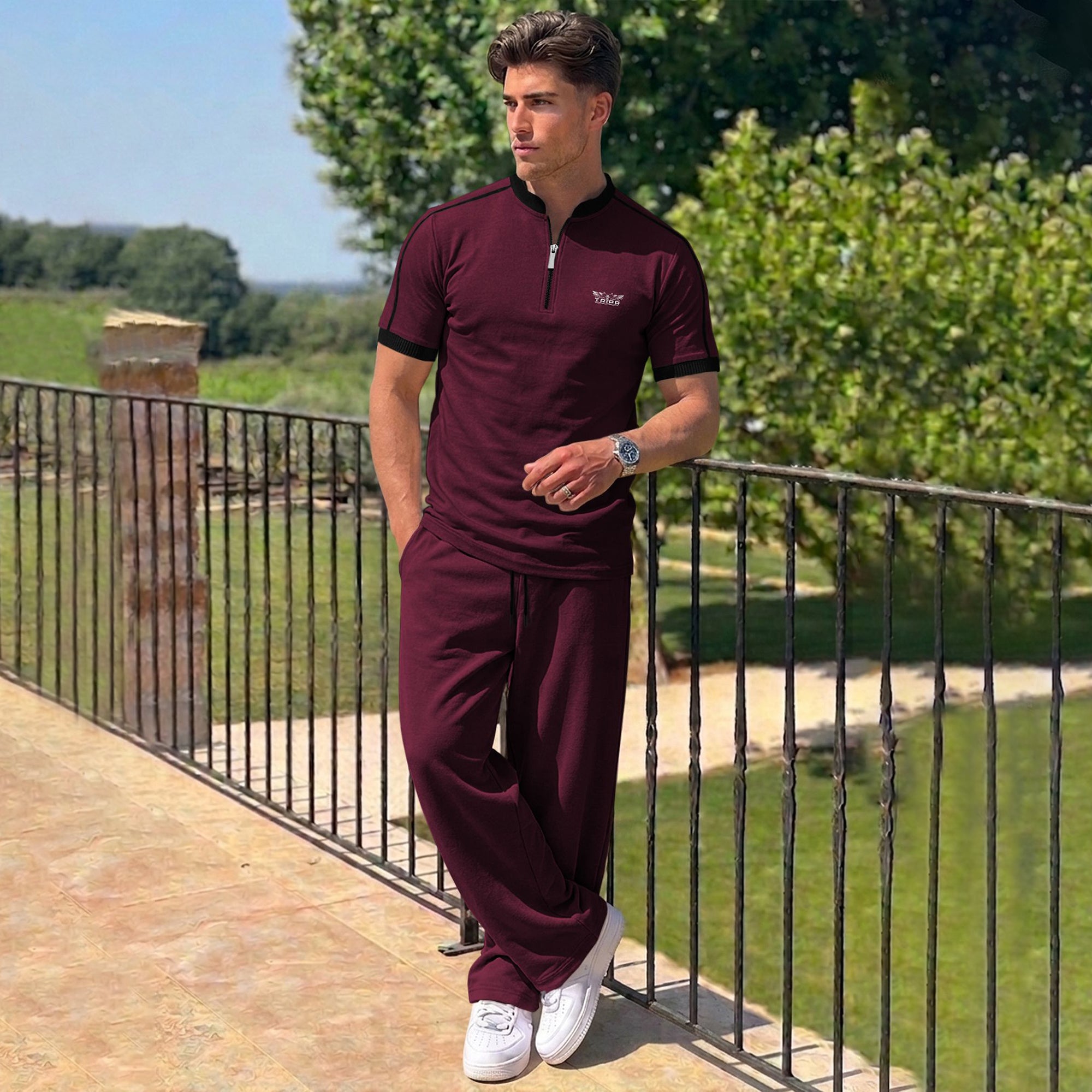 Men Tracksuit High Neck Tshirts Loose Fit Plain Trackpants