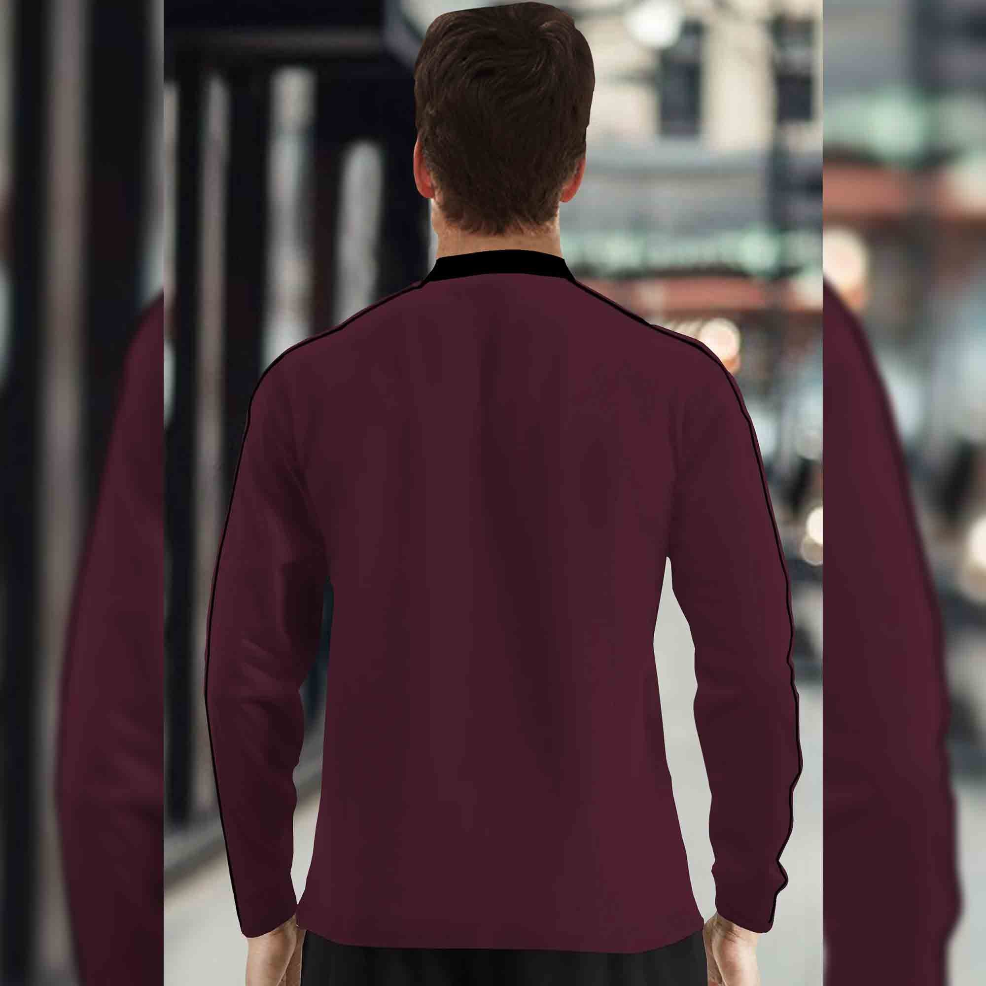 Men Full Sleeve Mandarin Collar Maroon T-Shirt