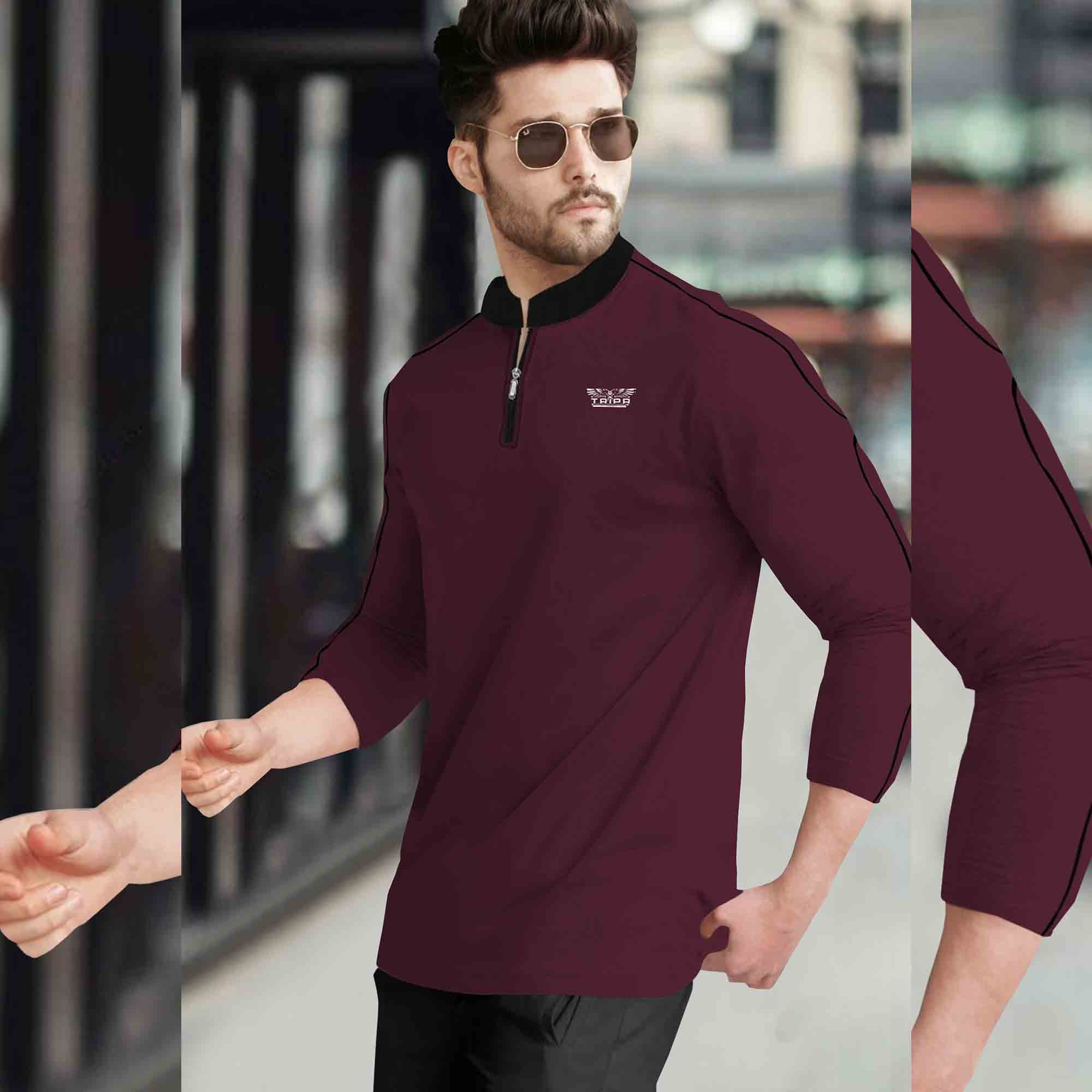 Men Full Sleeve Mandarin Collar Maroon T-Shirt