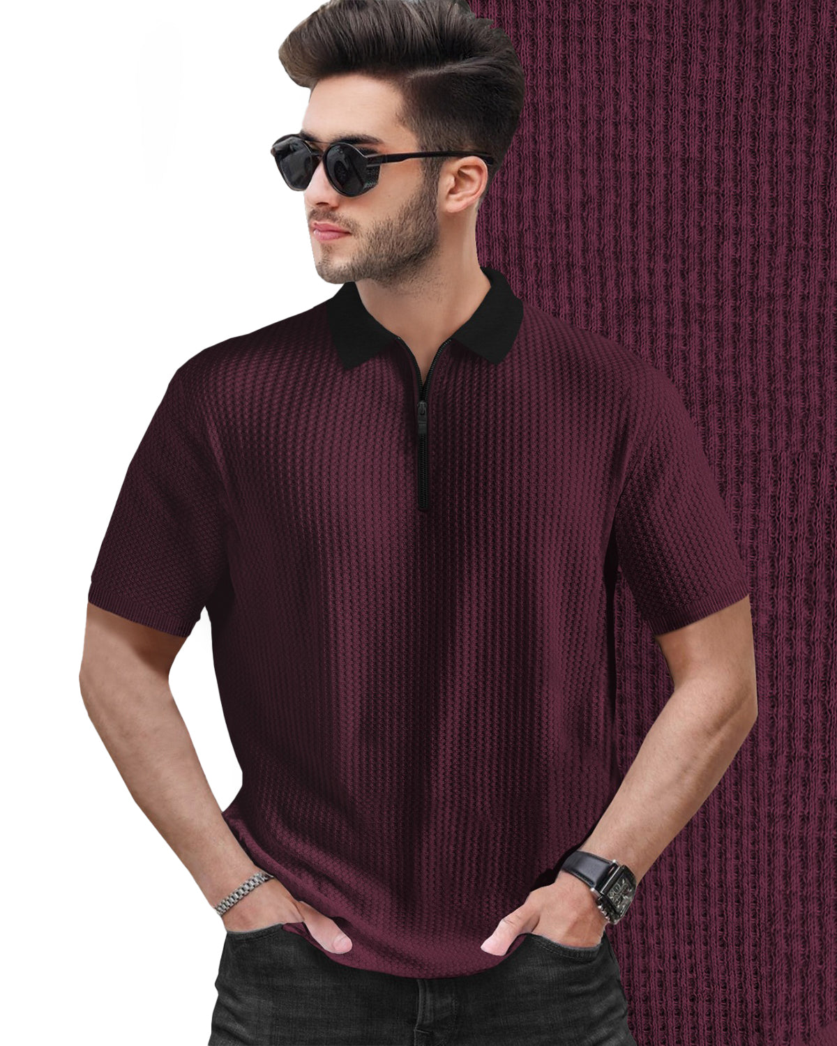 Polo Collar Maroon Black Contrast Waffle Textured T-shirt