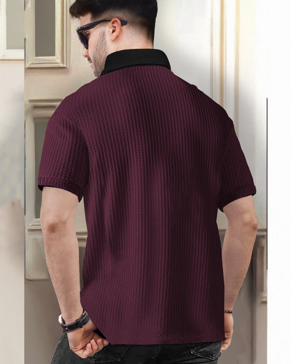 Polo Collar Maroon Black Contrast Waffle Textured T-shirt