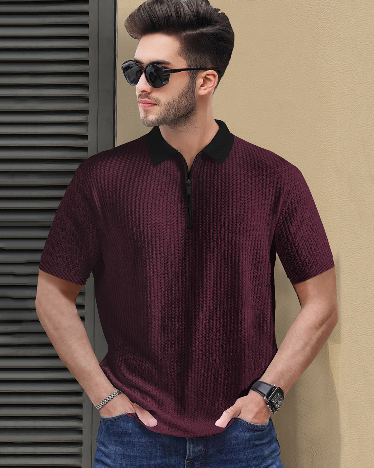 Polo Collar Maroon Black Contrast Waffle Textured T-shirt