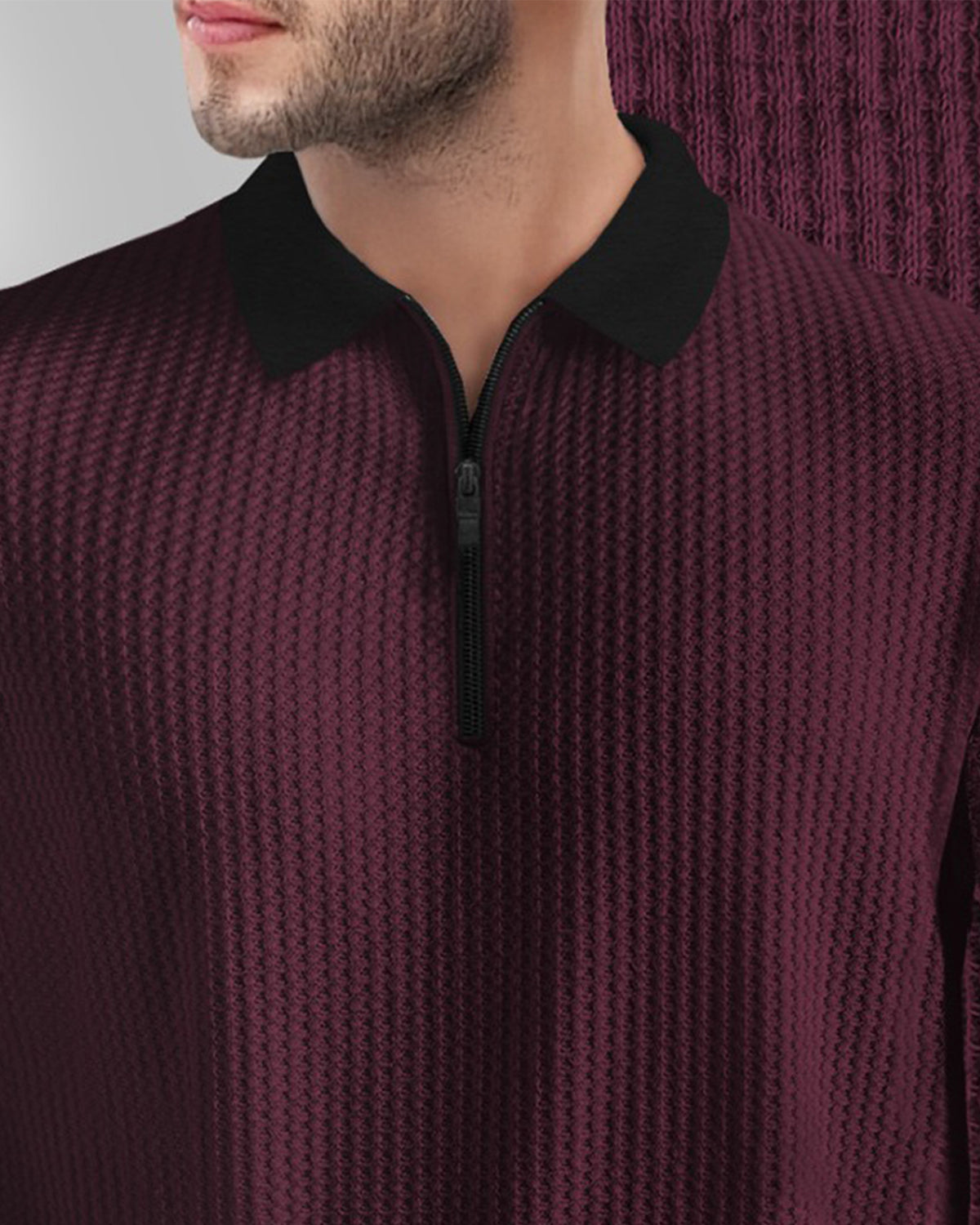 Polo Collar Maroon Black Contrast Waffle Textured T-shirt