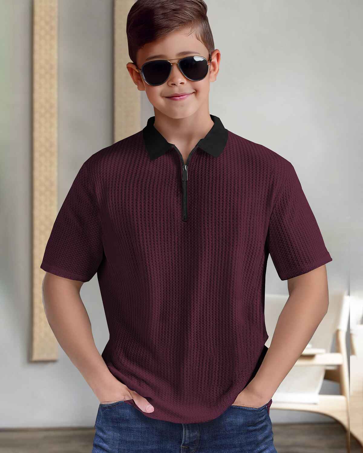 Boy Half Sleeve Maroon & Black Plain Textured T-shirt